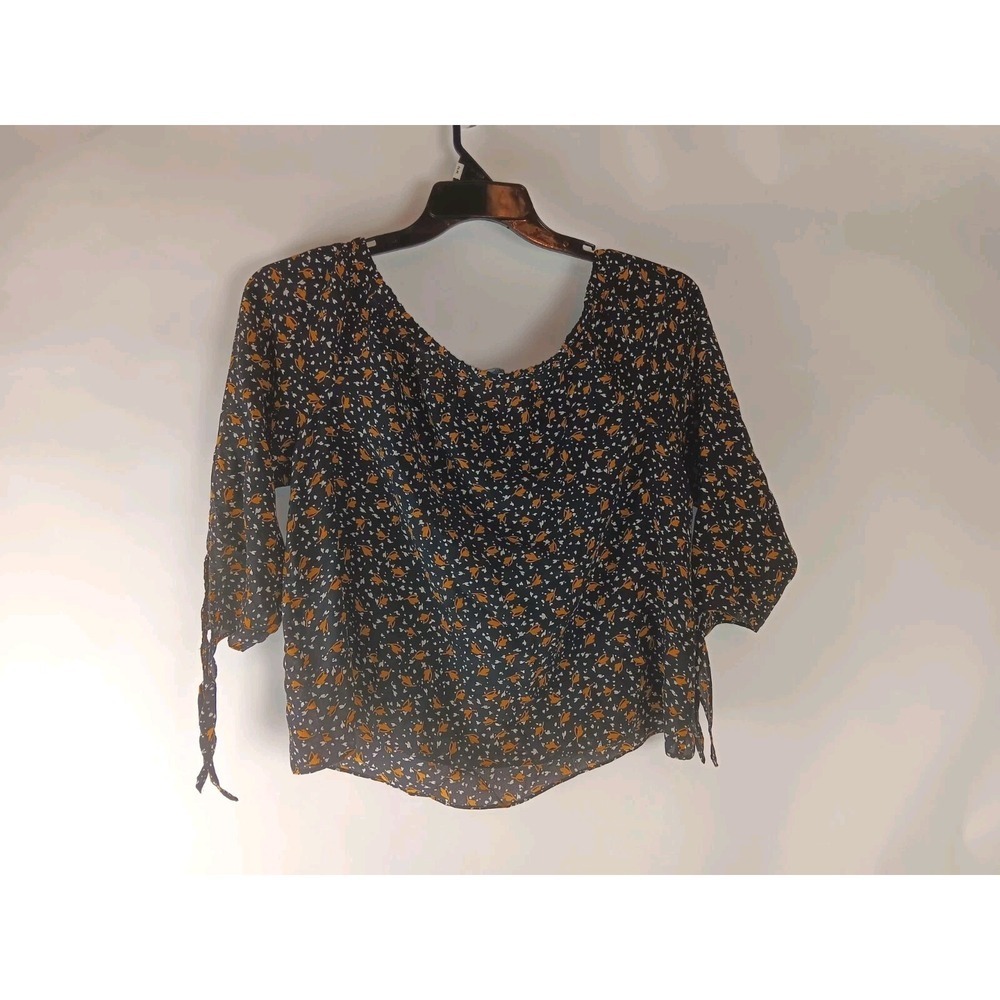 Madewell Womens Top Black Leaf Silk 3/4 Sleeve Off The Shoulder Blouse Size S - Picture 1 of 10